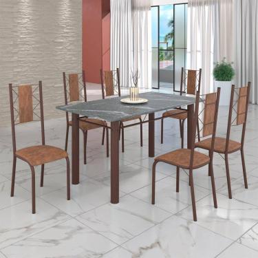 Imagem de Conjunto Sala de Jantar Bahia Mesa Tubo 3" 140x75cm Tampo Pedra Granito Topázio com 6 Cadeiras C. Marrom / Marrom