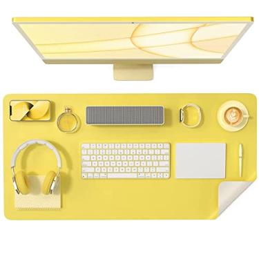 Imagem de Tapete de mesa de dois lados, 80 cm x 40 cm, tapete de mouse de couro PU para teclado e mouse à prova d'água, tapete de escrita, amarelo e bege