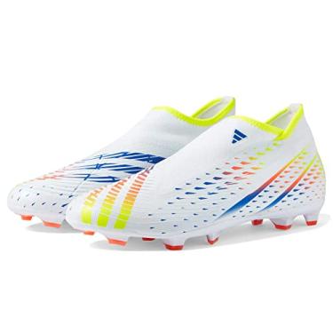 Imagem de adidas Tênis de futebol unissex adulto Edge.3 Predator Firm Ground, Branco/Amarelo Solar/Azul Poderoso (Sem Cadarço), 10 Women/10 Men