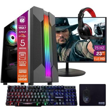 Imagem de Computador Gamer Ryzen 5 SSD 480GB 16GB 4GB Windows 10 Pro Trial, Teclado/Mouse, Mouse Pad, Headset, Monitor 23"