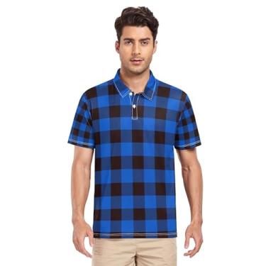 Imagem de JUNZAN Camisa polo masculina Buffalo xadrez azul preto creme manga curta camisa polo golfe para uso ao ar livre casual P, Xadrez búfalo azul preto, P