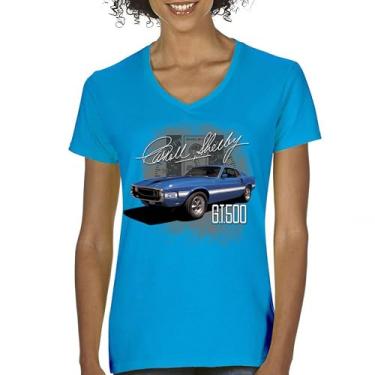 Imagem de Camiseta feminina Cobra Shelby azul vintage GT500 gola V American Racing Mustang Muscle Car Performance Powered by Ford Tee, Turquesa, M