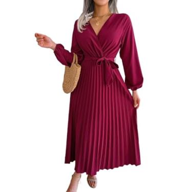 Imagem de Camisa Feminina Surplice Neck Lantern Sleeve Pleated Hem Belted Dress (Color : Burgundy, Size : M)