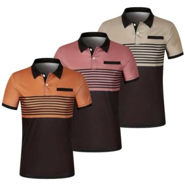 Imagem de 3 pçs/conjunto camisa polo masculina color block listrado manga curta lapela golfe camisa com bolso no peito, camiseta casual gola V, Carame+rosa + cáqui, XXG