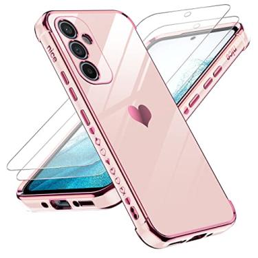 Imagem de LeYi Capa para Samsung Galaxy A54 5G com protetor de tela de vidro temperado [2 peças] + proteção completa da lente da câmera, revestimento do coração do amor feminino capa fofa luxuosa macia TPU à prova de choque para A54 5G, rosa