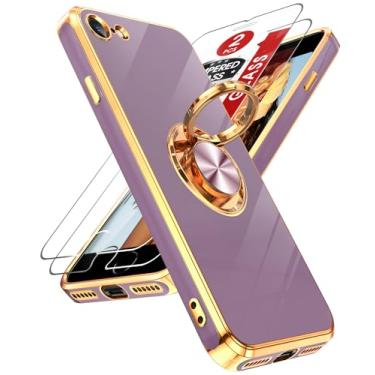 Imagem de LeYi Capa para iPhone SE Capa para iPhone 7 Capa para iPhone 8: com protetor de tela de vidro temperado [2 unidades] Suporte magnético giratório de 360° com suporte magnético, revestimento com borda de ouro rosa para iPhone 7/8/SE, roxo