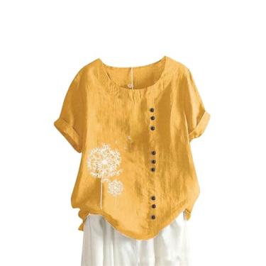 Imagem de Camiseta feminina de linho de verão gráfica manga curta túnica gola redonda botão túnica ajuste solto camiseta casual tops tops, 2 - amarelo, G