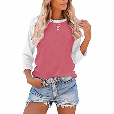 Imagem de Camisetas femininas casuais de manga 3/4 de comprimento leve, com blocos de cores, blusas confortáveis, Ofertas relâmpago rosa, G
