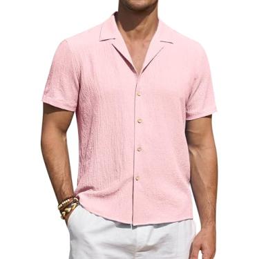 Imagem de DEMEANOR Camisa masculina de linho de manga curta para homens camisa casual de botão camisa de verão praia havaiana para homens, rosa, GG