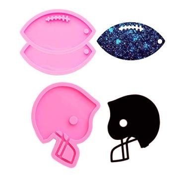 Imagem de 3 peças brilhantes brilhantes capacetes de rúgbi bola chaveiro com furo molde de silicone para fondant DIY bugiganga chiclete doce pudim tiros de gelatina etiqueta de bagagem decoração de bolo brincos