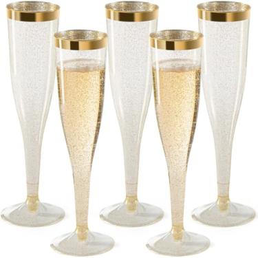 Imagem de Flutuantes de champanhe de plástico descartáveis – Glitter dourado com borda dourada – Vidro de premium – Óculos de Mimosa elegantes perfeitos para casamentos aniversários e eventos em categorias [1 caixa de 36] 173 g