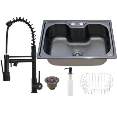 Imagem de HOLTTER Kit Cuba Aço Inox com Torneira Gourmet Flexível Cuba Gourmet Aço Inox com Acessórios Torneira Gourmet de Bancada Flexível Monocomando Torneira Gourmet de Parede (Bancada, Preto)