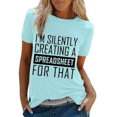 Imagem de Camiseta feminina gola redonda com estampa de letras, caimento solto, manga curta, casual, moderna, túnica, camisa de verão, Azul, 3G