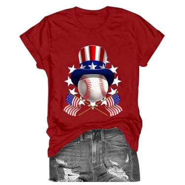 Imagem de Camisetas femininas de beisebol, bandeira americana, listras, casual, folgada, gola redonda, manga curta, túnica leve, Vermelho, P