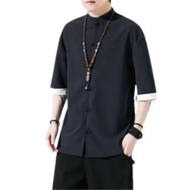 Imagem de Camiseta masculina de algodão e linho de manga curta masculina estilo chinês gola mandarim slim camisetas masculinas de verão, Preto, XXG