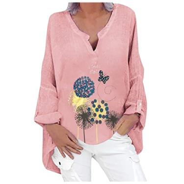 Imagem de Camisetas femininas de linho de manga comprida 2024 na moda Henley Neck Blusa de verão de algodão grande, rosa, M
