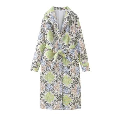 Imagem de Perbai Casaco feminino acolchoado floral leve notch lapela cinto único breasted jaqueta longa acolchoado com bolsos, Verde, G