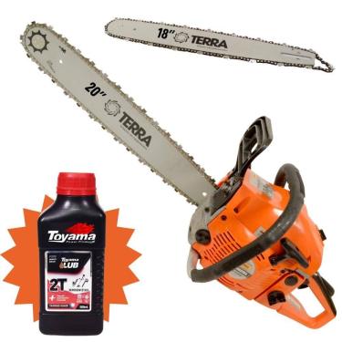 Imagem de Motosserra Á Gasolina Terra MT520 MT-520 Motor 2T 52cc 2,5HP Sabre 20” e Sabre 18” 11.000RPM Leve e de Fácil Manuseio + ÓLEO TOYAMA 2T