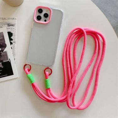 Imagem de Moda crossbody correia cinta caso de telefone claro para iphone 15 14 13 12 11 pro max longa corda de cânhamo capa traseira, rosa, para iphone 15pro