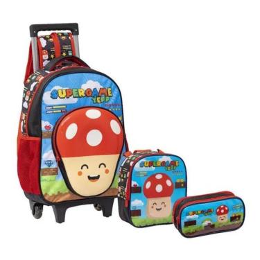 Imagem de Kit Mochila Rodinha Lancheira Estojo Escolar Infantil Menino Reforçada Mario Bros Toad Yepp-Masculino