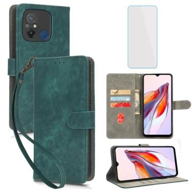 Imagem de IUQXU Capa carteira para celular Xiaomi Poco C55 / Redmi 11A / Xiaomi Redmi 12C com protetor de tela [bloqueio RFID] alça de couro com suporte de cartão feminino e masculino para Redmi 12 C verde