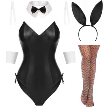 Imagem de Avidlove Lingerie sexy para mulheres, conjunto de lingerie de fantasia de coelho, conjunto de meias, body de uma peça, preto, 2GG