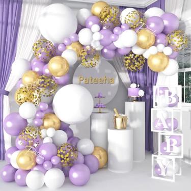 Imagem de Pateeha Kit de guirlanda de balões roxos com 130 peças de decorações de festa roxo pérola ouro branco confete metálico arco de balão para casamento, chá de bebê, artigos de aniversário