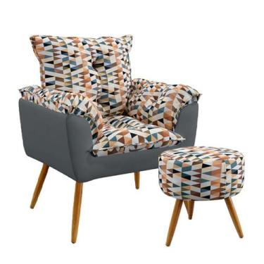 Imagem de Poltrona Decorativa Beta com Puff Solar Sued Estampado Laranja com Cin