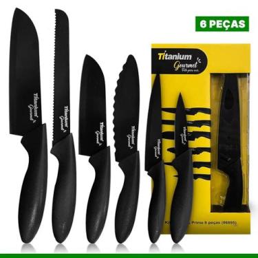 Imagem de Jogo De Facas Cozinha Faqueiro Antiaderente 6 Peças Inox Preta - Titan