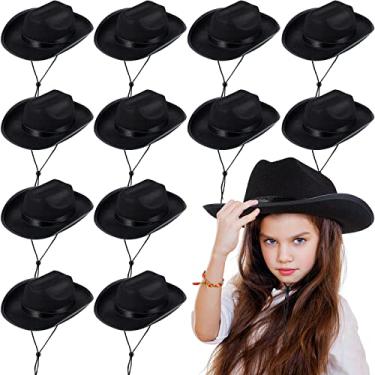 Imagem de Chapéu de cowboy infantil chapéu ocidental chapéu de vaqueira chapéu de cowboy preto para crianças meninos meninas vestido roupas de fantasia, suprimentos de festa (preto, pacote com 12)