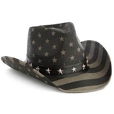 Imagem de Chapéu de cowboy com bandeira americana de palha dos EUA para homens, mulheres, aparência vintage, chapéu de vaqueira para festa à fantasia (tamanho adulto), Azul, vermelho, branco., tamanho �nico