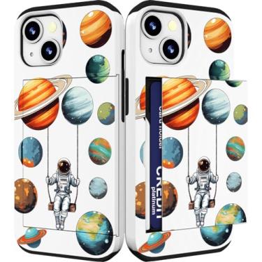 Imagem de IWONE Capa compatível com iPhone 15 fofa com porta-cartões à prova de choque Slim Slot Phone 15 capas carteira para mulheres/astronauta planetas espaciais astronauta Cosmo Galaxy