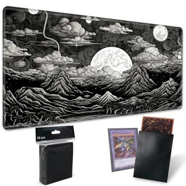 Imagem de TCG Playmat Board Game Mat Plus 50 Pcs Card Sleeves, 24 x 14 Table Mats Black and White Landscape Game Mousepad with Soft Surface Non-Slip Base for MTG RPG CCG Trading Card Game Playmats