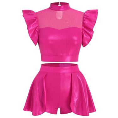 Imagem de Vestido feminino de dança metálico com manga com babados, top curto de dança, meia saia, bailarina adulta, fantasia de dança lírica, Rosa choque, X-Large