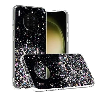 Imagem de Compatível com Huawei Nova 8i Capa com glitter verde transparente, capa para celular Huawei Nova 8i silicone transparente TPU macio mulheres meninas à prova de choque capa fina (preta)
