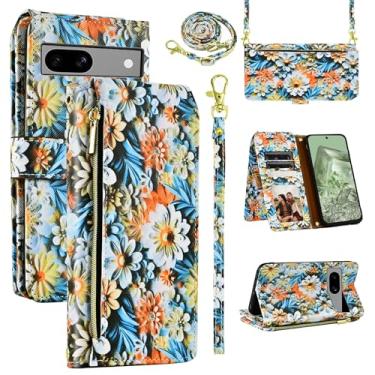 Imagem de Dswteny Capa carteira para Google Pixel 7A 5G 2023 com alça de ombro destacável, 9 compartimentos para cartões, bolsa com zíper, suporte de couro floral, suporte de cartão, capa para celular para
