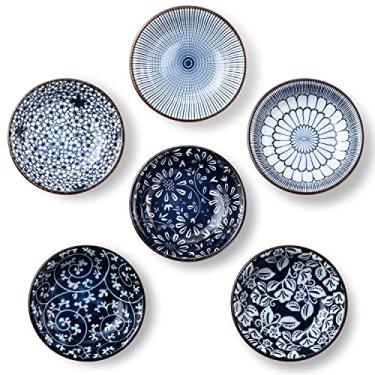 Imagem de Tigelas de mergulho, prato de molho de soja de cerâmica, tigelas pequenas de 85 g para acompanhamentos, design elegante azul vintage, conjunto de 6 mini pratos de aperitivo para tempero, sushi