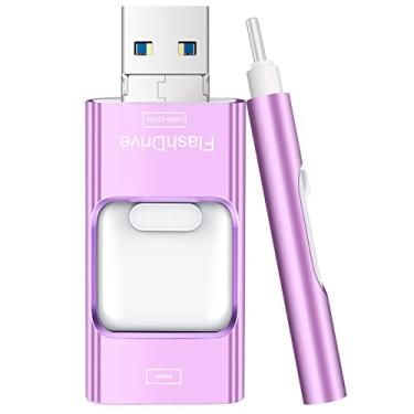 Imagem de Pen drive de 256 GB para iPhone, pen drive USB-C 4 em 1 para fotos, unidade de memória, armazenamento externo para iPhone, iPad, Android, computador, roxo violeta