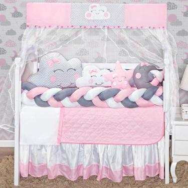 Imagem de Kit enxoval de berço 12 peças nuvem estampada com 2 tranças e saia box