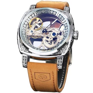 Imagem de FORSINING Relógio mecânico masculino de luxo com escultura quadrada, totem retrô dupla face esqueleto oco relógios automáticos, relógio de pulso vintage com pulseira de couro, Prata, Mecânica