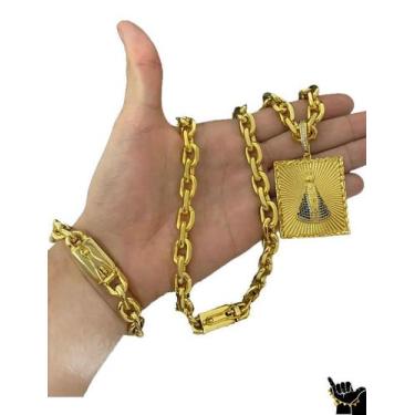 Imagem de Corrente Cadeado 12mm + Pulseira + Pingente - Banhado a Ouro - ToJoia1