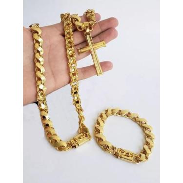 Imagem de Kit Cordão Pingente Pulseira Banhado a Ouro Friso Dupla Face - Vip Jói
