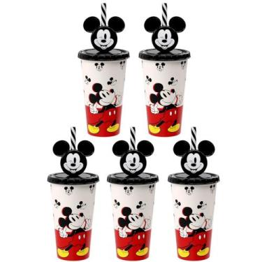Imagem de 5 Copos Canudo Orelhas Mickey 500ml para Infantil Lembrancinha Sacola 