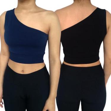 Imagem de Kit 2 Tops Croppeds Femininos Regata Um Ombro Só Cores Sortidas Malha 