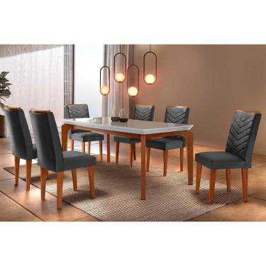 Imagem de Conjunto: Mesa de Cozinha Londrina Tampo Madeirado c/ Vidro Reto 180x90 e 6 Cadeiras Londrina Capuccino/Suede Grafite - Rufato