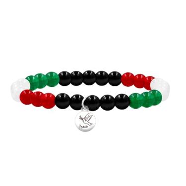 Imagem de Uloveido Pulseira de bandeira palestina com pingente de pomba da paz - pulseiras elásticas feitas à mão com contas de ágata de calcedônia verde vermelho preto branco - Pulseira ajustável livre da