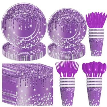 Imagem de YJRJSC Purple Plates And Napkins Party Supplies - Purple Party Decorations Tableware, Paper Plate, Napkin, Cup, Disposable Cutlery, Glitter Purple Bridal Shower Birthday Table Decorations | Serve 24