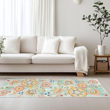 Imagem de Neasow Tapete antiderrapante azul petróleo, flor boho, lavável, tapete de entrada para sala de estar, resistente a manchas, decoração de casa, 6 x 15 cm