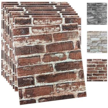 Imagem de 10 peças de painéis de parede 3D descasque e cole espuma papel de parede de tijolo 3D descasque e cole o painel de parede de pedra falsa vermelha papel de parede autoadesivo (10 peças, vermelho)