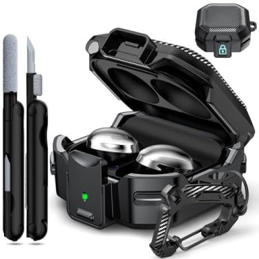 Imagem de RFUNGUANGO Capa para Samsung Galaxy Buds 2 Pro/Buds Pro/Buds Live/Buds 2/Galaxy Buds FE (2023), capa de fibra de carbono militar com chaveiro/zíper/com kit de limpeza (bloqueio antiqueda) - preta